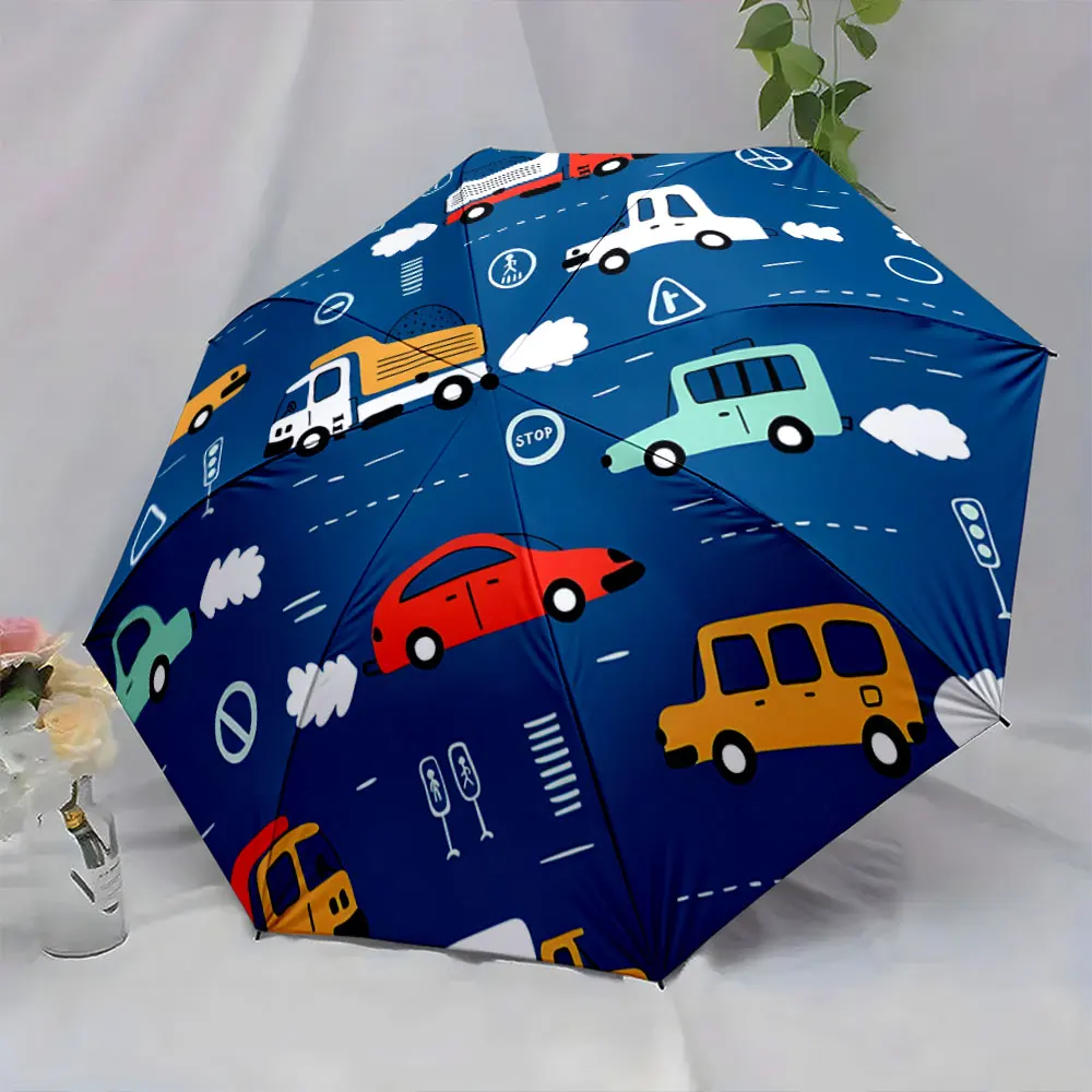 1PC Colorful Car Pattern Kids' Umbrella for Rainy Days Print 8 Iron Ribs Folding Umbrella Auto-Open Fashion Sunshade