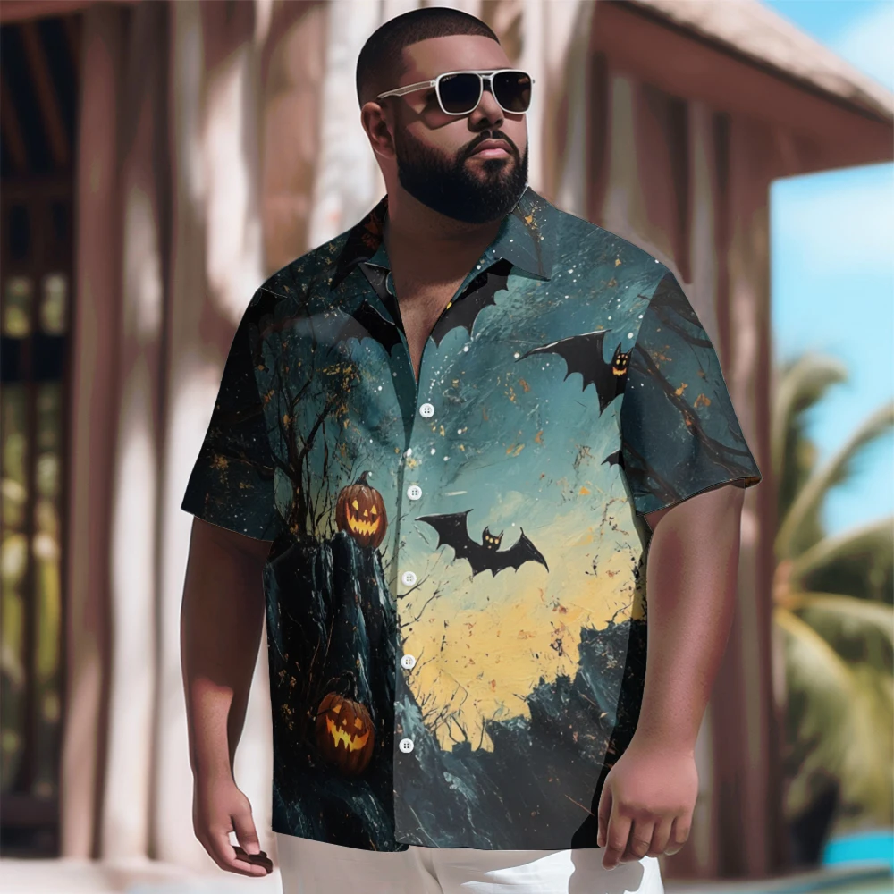 New Hawaiian Goth Men Shirt for Men Halloween jack-o-lantern bat Printed Casual ShortSleeve Tops Vintage Plus Size Summer Shirts