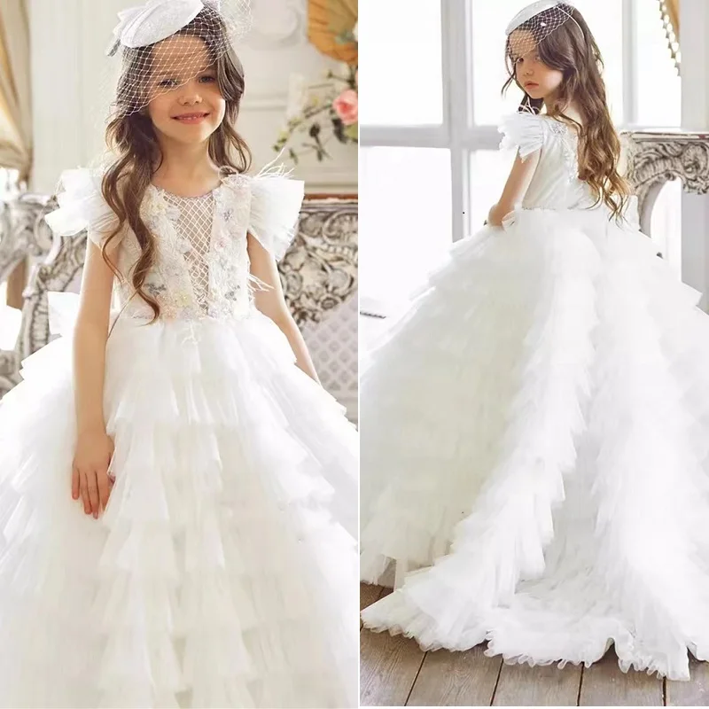 2022 White Flower Girl Dress For Wedding Tulle Princess Elegant Appliques Beading Party Dresses First Communion Dress