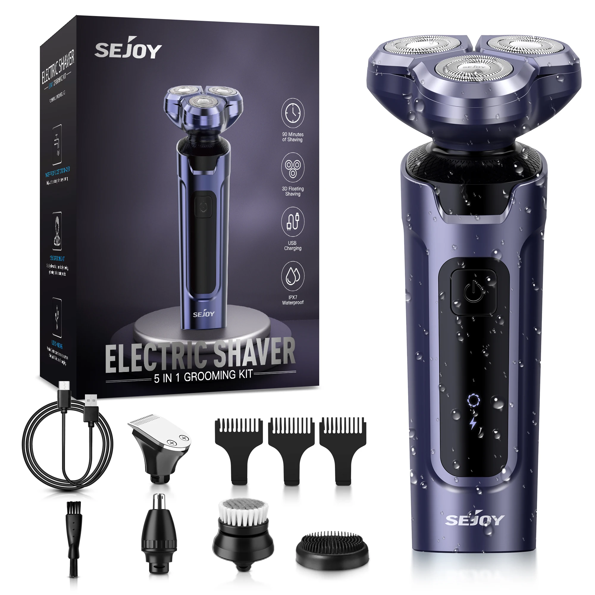 

Sejoy 5 in 1 Electrical Rotary Shaver for Men Type-C Rechargalbe Battery Shaving Beard Machine Adult Razor Trimmer Clipper