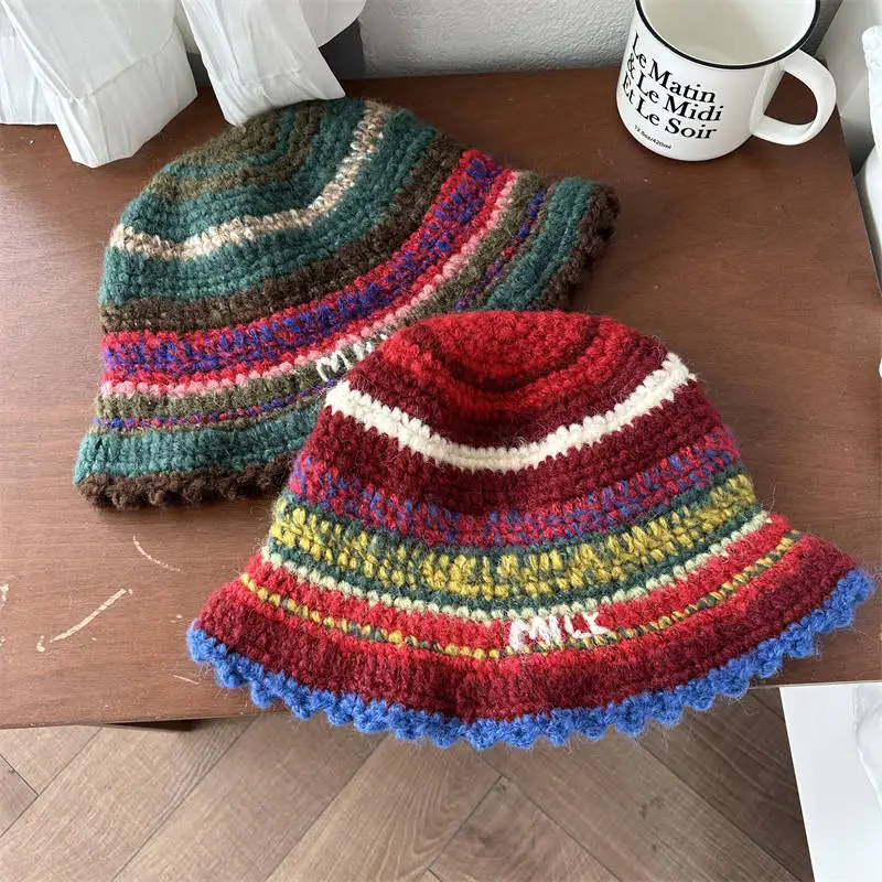 Niche Designer Handmade Bucket Hat Retro Color Line Stripe Contrasting Color Layering Show Face Small Basin Caps for Woman Men