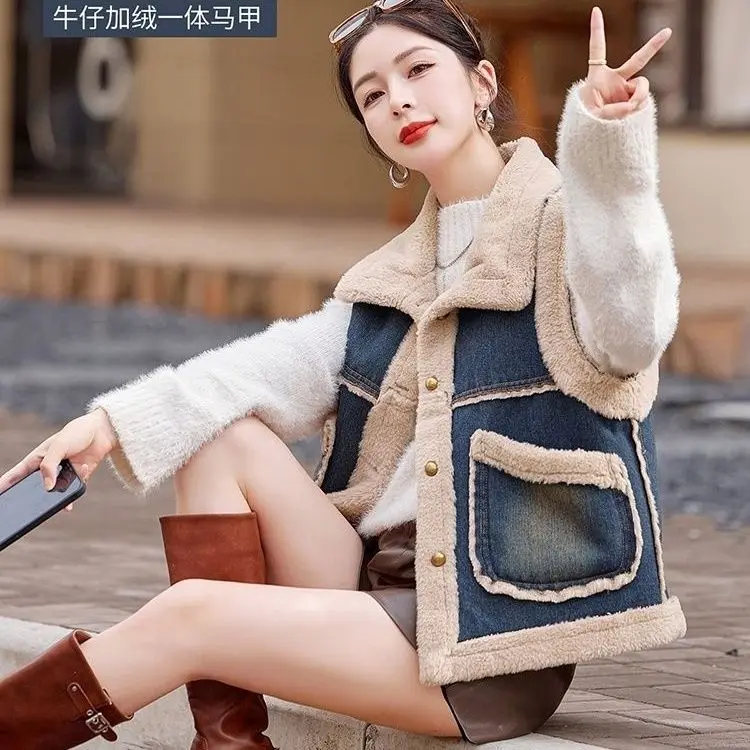 

2026 Women Denim Woolen Vest Women New Fashion Fluffy Sleeveless Jackets Female Vest Loose Winter Warm Streetwear Waiscoat TS678