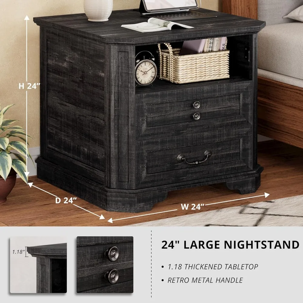 Farmhouse Style 23.4 Inch End Table with Charging Port, Large Drawers, Ideal for Bedroom, Charcoal