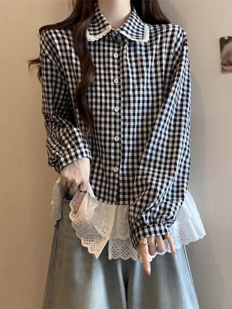 المرأة الحلو منقوشة قميص الفرنسية خمر نمط Preppy الدانتيل المرقعة بلوزة ريترو كم طويل سيدة لطيف بيتر بان طوق القمم #2