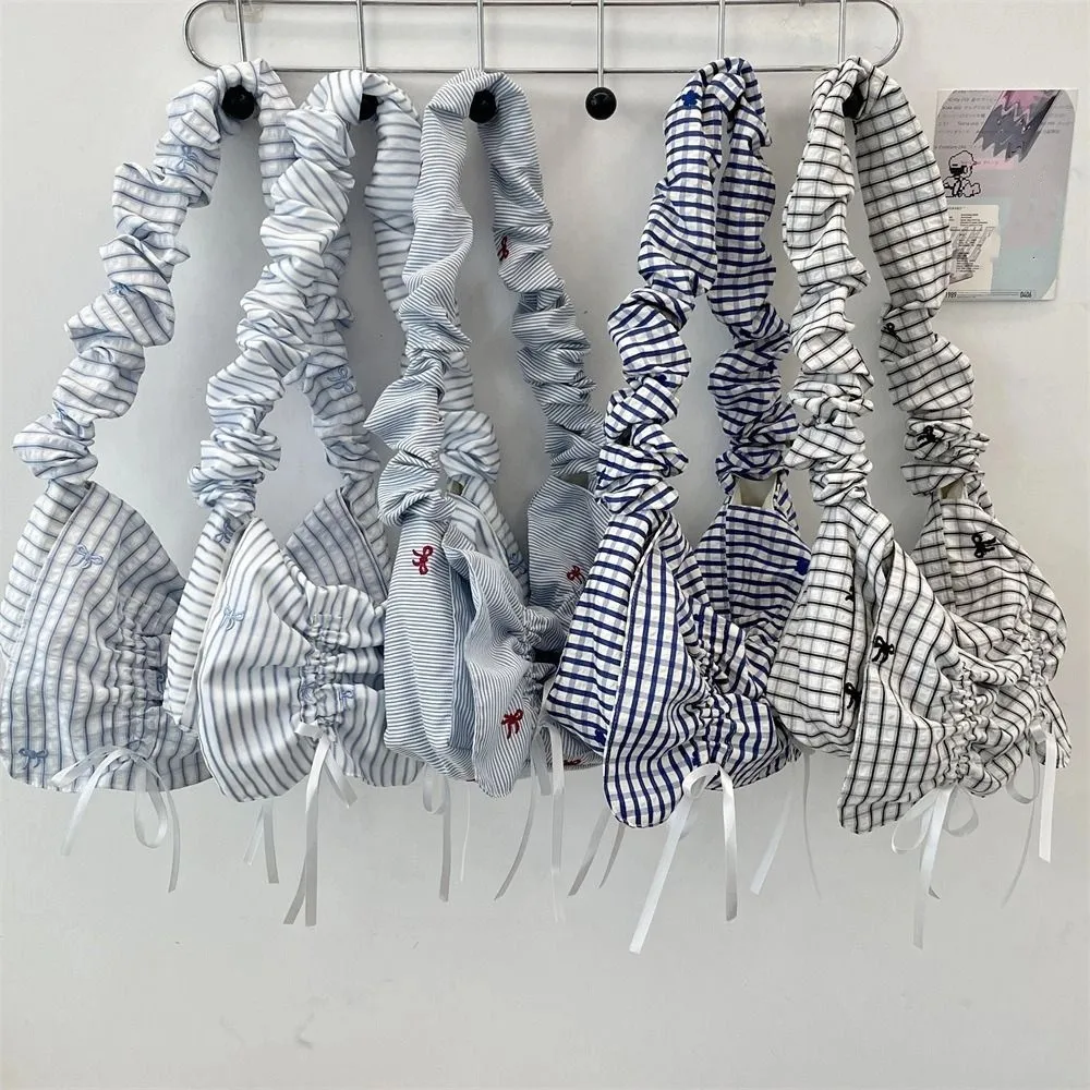 

Повседневная милая плиссированная сумка на плечо в полоску, нейлоновая сумка-тоут с бантом, пасторальный стиль, свежая кружевная сумка для путешествий