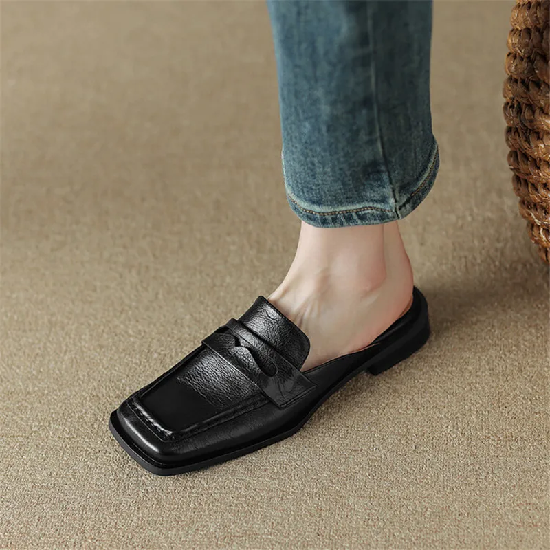 Summer Women Shoes Retro Mules Shoes for Women Square Toe Slippers Women Chunky Heel Cover Toe Slippers Shoes Zapatos De Mujer