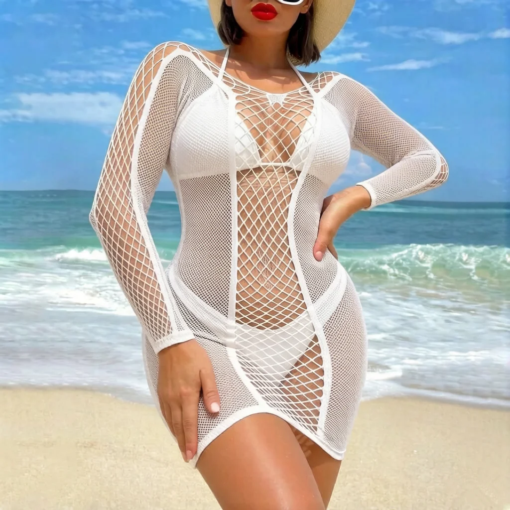 Women White Sexy Dress Fishnet Cover Up Without Bikini Hollow Out See Through Dress Beachwear Summer Nightwear Club Dress