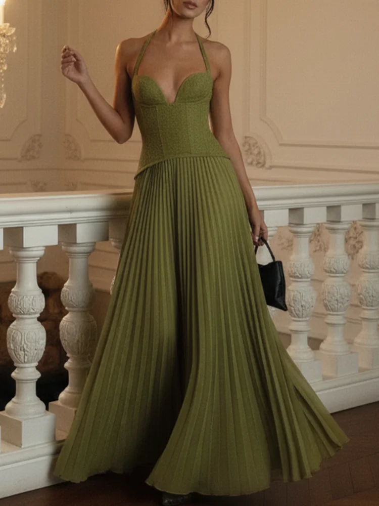 

Зеленый корсет с рыбьей косточкой, платье макси с лямкой на шее, женское платье с открытой спиной и открытыми плечами, плиссированное сердце с вырезом, тонкий халат, женское платье для рождественской вечеринки, новинка