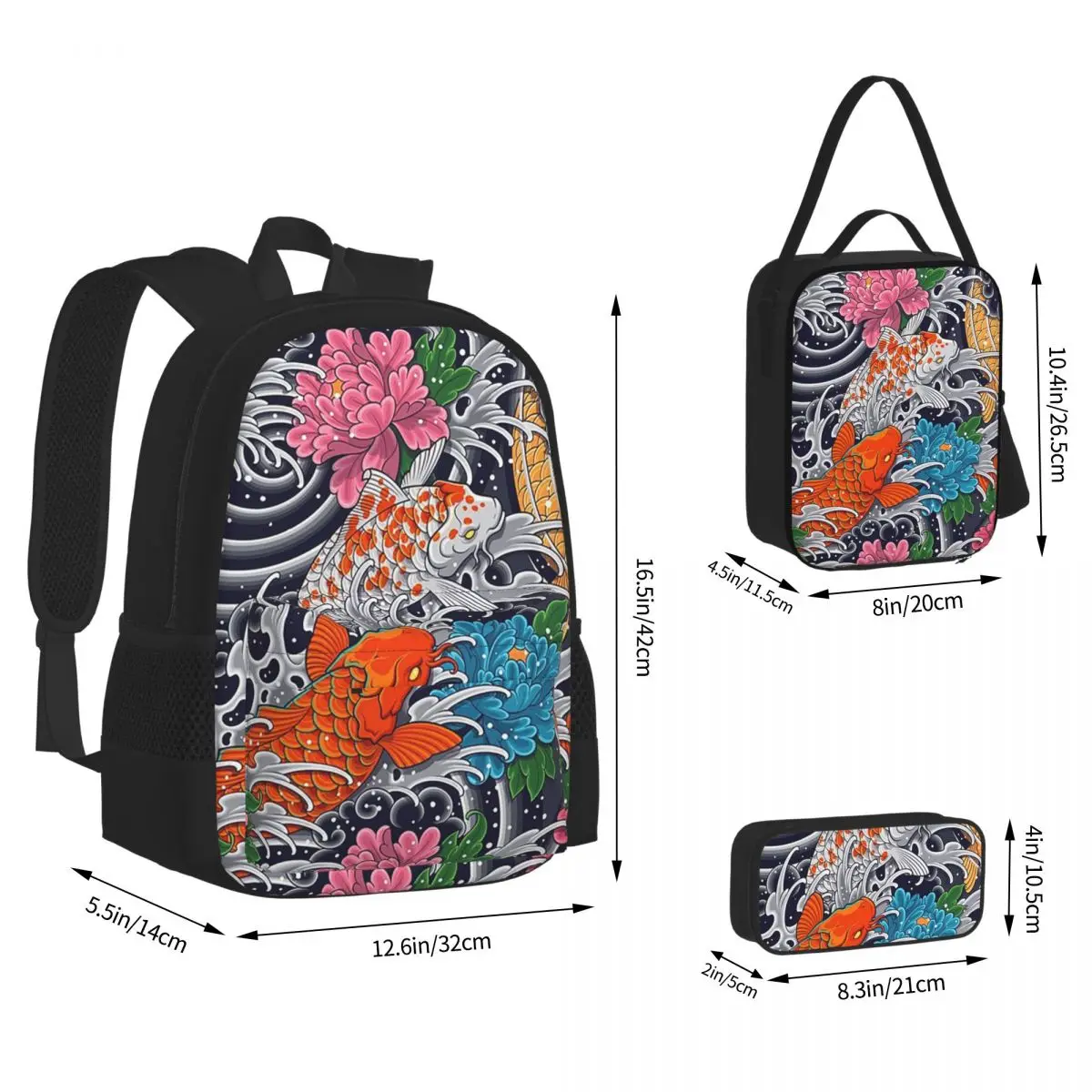Koi Fish And Floral Pattern Backpacks Students Bookbag School Bags Rucksack Lunch Bag Pen Bag Three-Piece Set