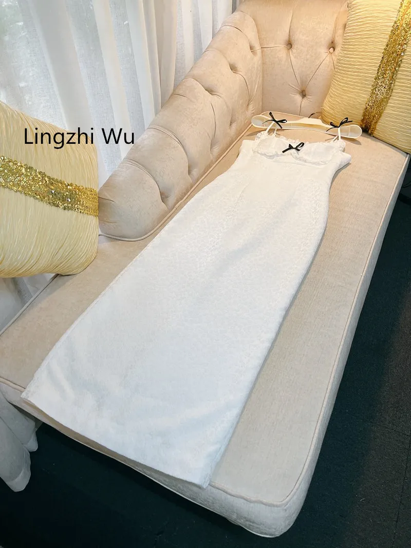 Lingzhi Wu White Long Dress for Ladies, Registering Dresses, Engagement, Wedding Bow, Spaghetti Strap, Strapless, Slim, Holiday