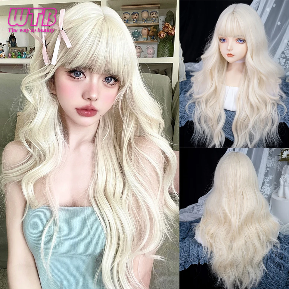 

26Inch Blonde Platinum Golden Synthetic Wigs With Bangs Long Curly Hair Wig for Women Cosplay Heat Resistant Synthetic Wig