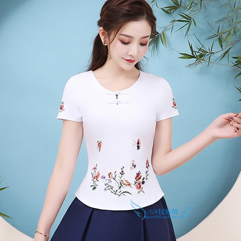 

White Short Sleeve Shirt Female Slim Undershirt Ethnic Style Embroidered Top Summer Chinese Style Vintage Clothes