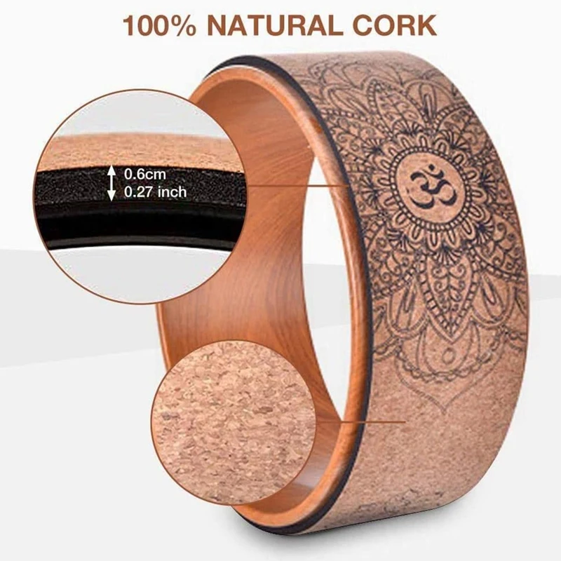 Cork Yoga Wheel For Yoga Poses And Backbends Inversions Wood-Effect And Mandala Print, Dharma Yoga Prop Wheel