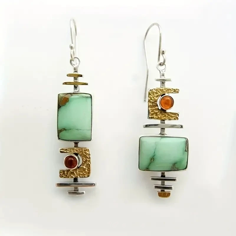 

Trendy Novelty Geometric Green Stone Funny Two Tone Musical Symbol Instrument Hanging Dangle Earrings For Women