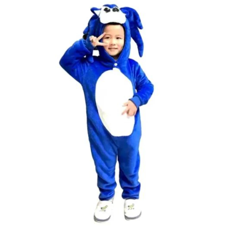 Anime Game Sonic Sleepwear  Adult Children  Autumn And Winter Flannel  One-piece Pajamas Blue Hedgehog Warm Loungewear