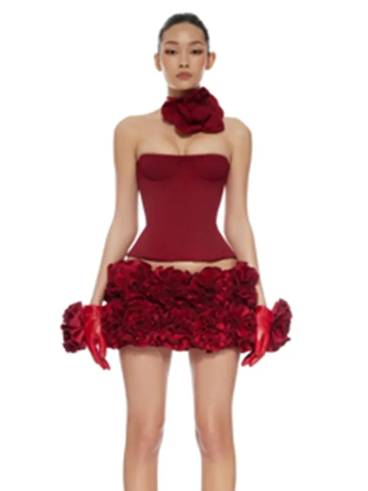 Red Club Outfits for Women Elastic Bandage Strapless Crop Tops and Flowers Mini Short Skirt Two Piece Sets Evening Dress