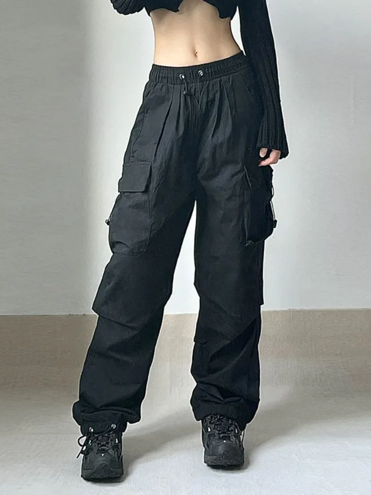 QWEEK Women Oversized Cargo Parachute Pants Y2k Vintage Streetwear High Waist Joggers Hippie Baggy Harajuku Wide Leg Sweatpants