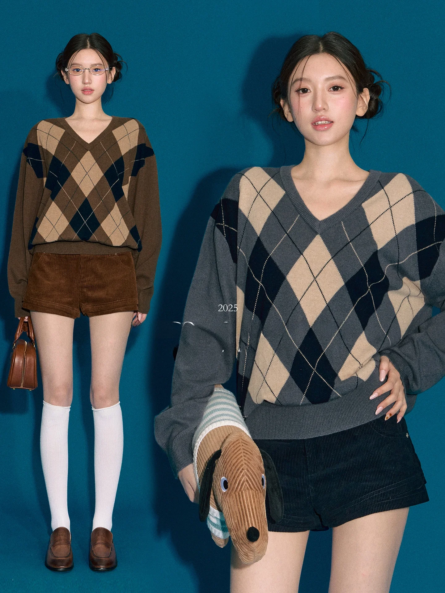 

OIOI E Vintage Diamond Pattern Knitted Long Sve Women's Top Versatile College Sle Autumn Faion Age-Defng Upperwear