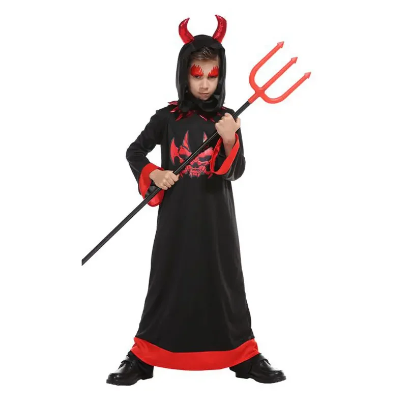 Devil Devilkin Costumes para Crianças, Scary Red Horn, Criança Demônio Cosplay, Vestido extravagante, Robe, Dia das Bruxas, Meninos, Meninas, Criança