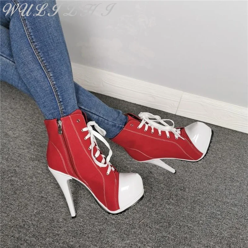 

Large Size Fashion Denim Fabric Ankle Boots Red Cross Strap Modern Boots Casual Stiletto High Heel Zipper Trendy Women Shoes