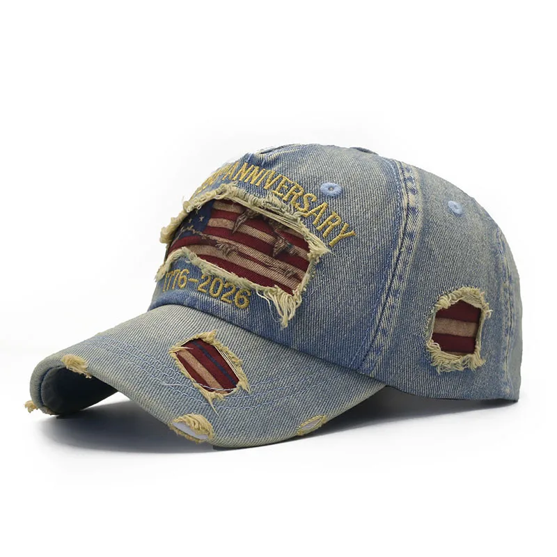 250. Jubiläums-Gedenk-Baseballkappe mit Stickerei, Vintage Distressed Baseball Cap, Flat Cap im Used-Look, Zerrissene Baseballkappe – Detail 6