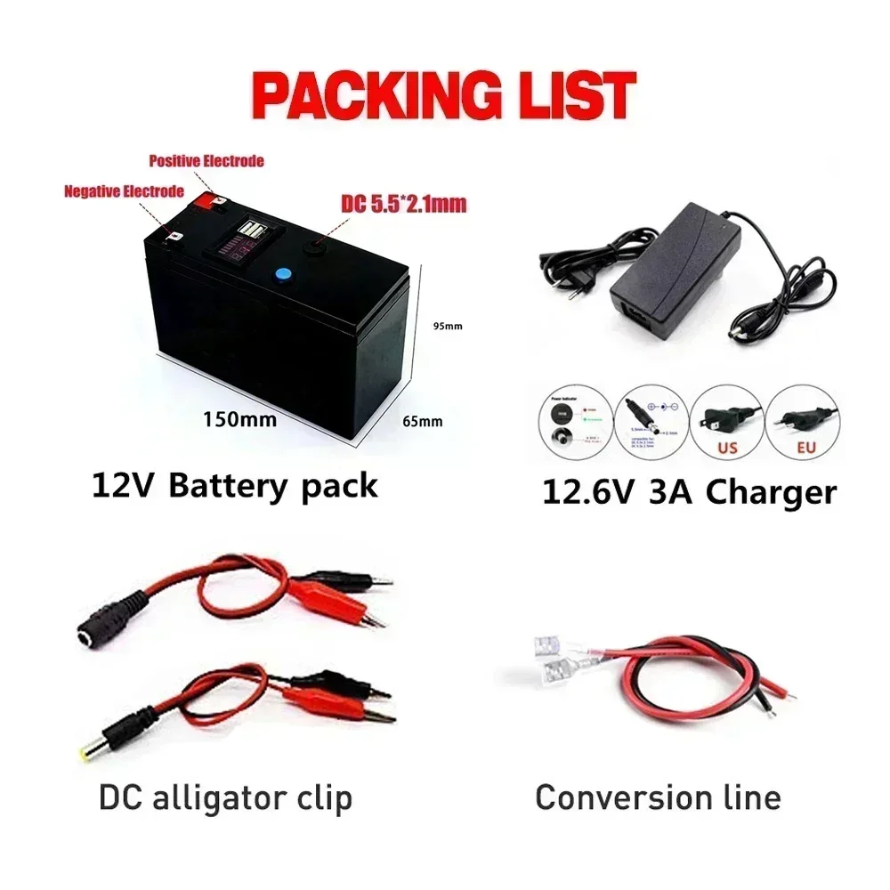 12V Battery 120Ah 18650 lithium battery pack Rechargeable battery for solar energy electric vehicle battery+12.6v3A charger