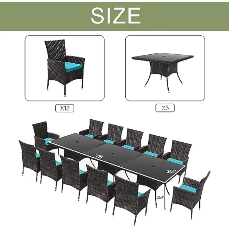 Dining Set, Wicker Patio Furniture Set of 12 Rattan Chairs with Soft Cushions and Two Square Table with Umbrella Cutout, Blue