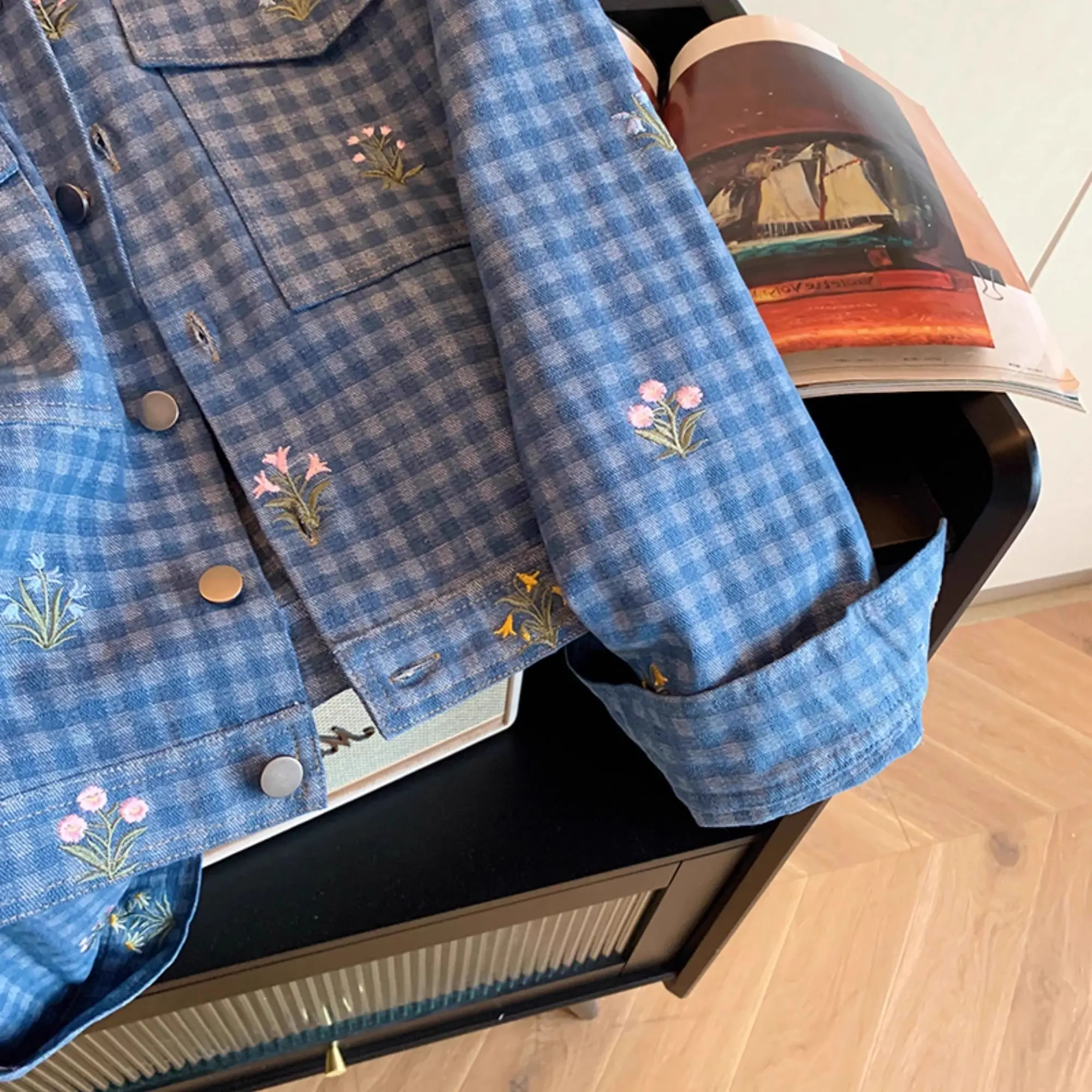 Americano retro azul xadrez floral lapela denim jaqueta feminina primavera e outono design sentido frito rua solta jaqueta topo