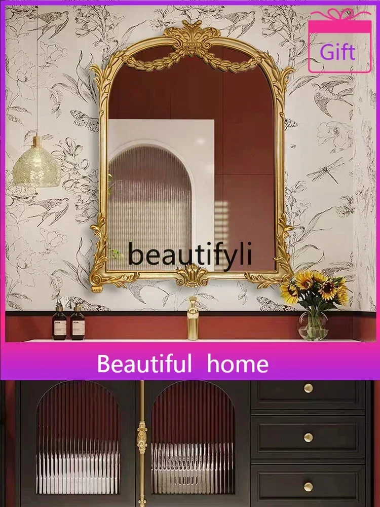 zq1French retro makeup mirror bathroom carved vanity mirror wall-mounted decoration European bathroom mirror