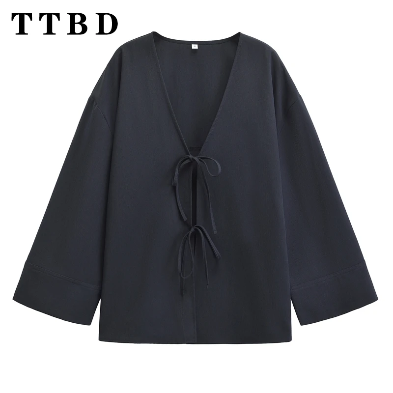 

TTBD Women's 2024 New Autumen Long Sleeve Retro kimono Shirt Coat Top V-Neck Casual Loose Fit lady Jacket Top