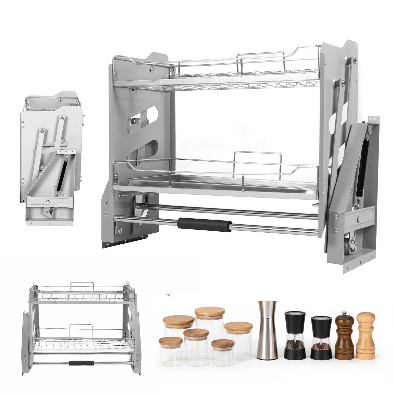 2-Tier Pull-down Storage Lift Cabinet Pull Cabinet Shelf Organizer 304 Stainless Steel 22-34 Inch Width for Snacks Bowls Plate