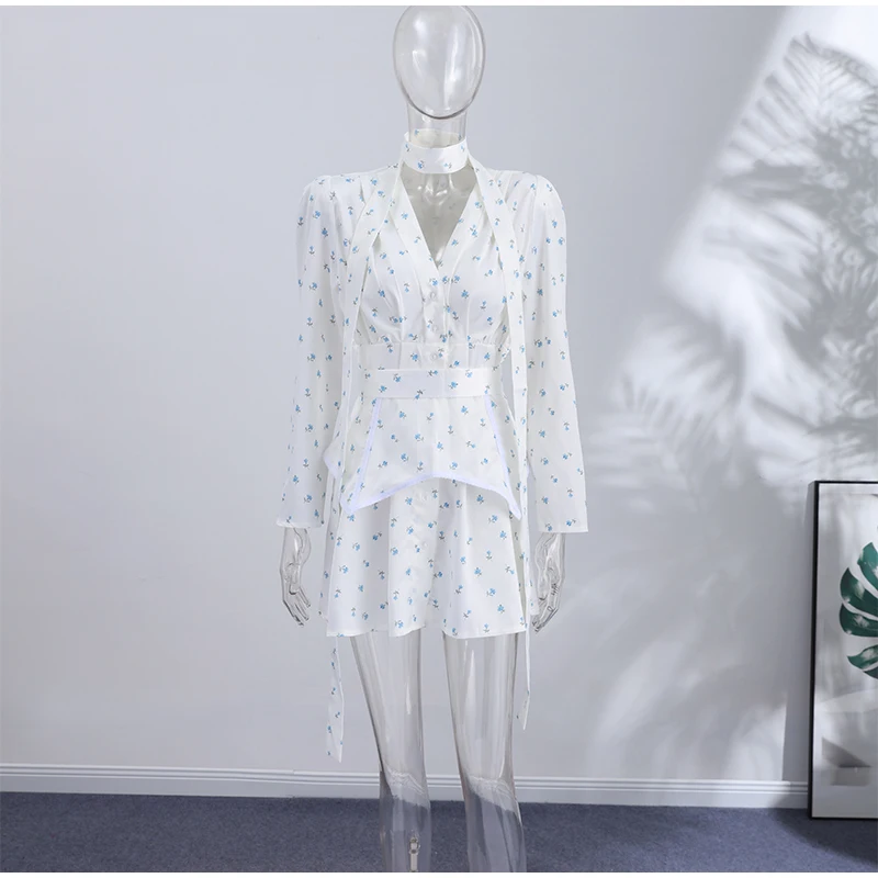 Elegant Printed Women's Dress Long Sleeve V-Neck Lady Mini Dresses With Waist-Tape 2026 Summer Chic Female Vacation Holiday Robe