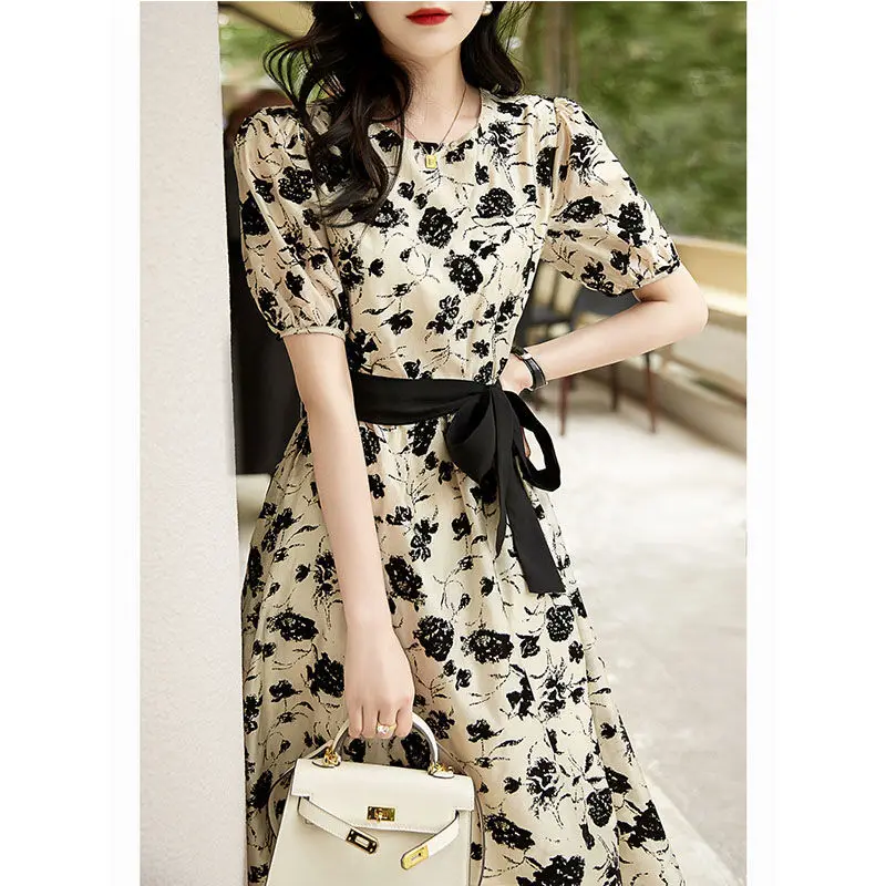 Summer Korean Print Elegant Fashion Aesthetic Party Dress Women Short Sleeve O Neck Vestidos De Fiesta Chic Vintage Robe Femme