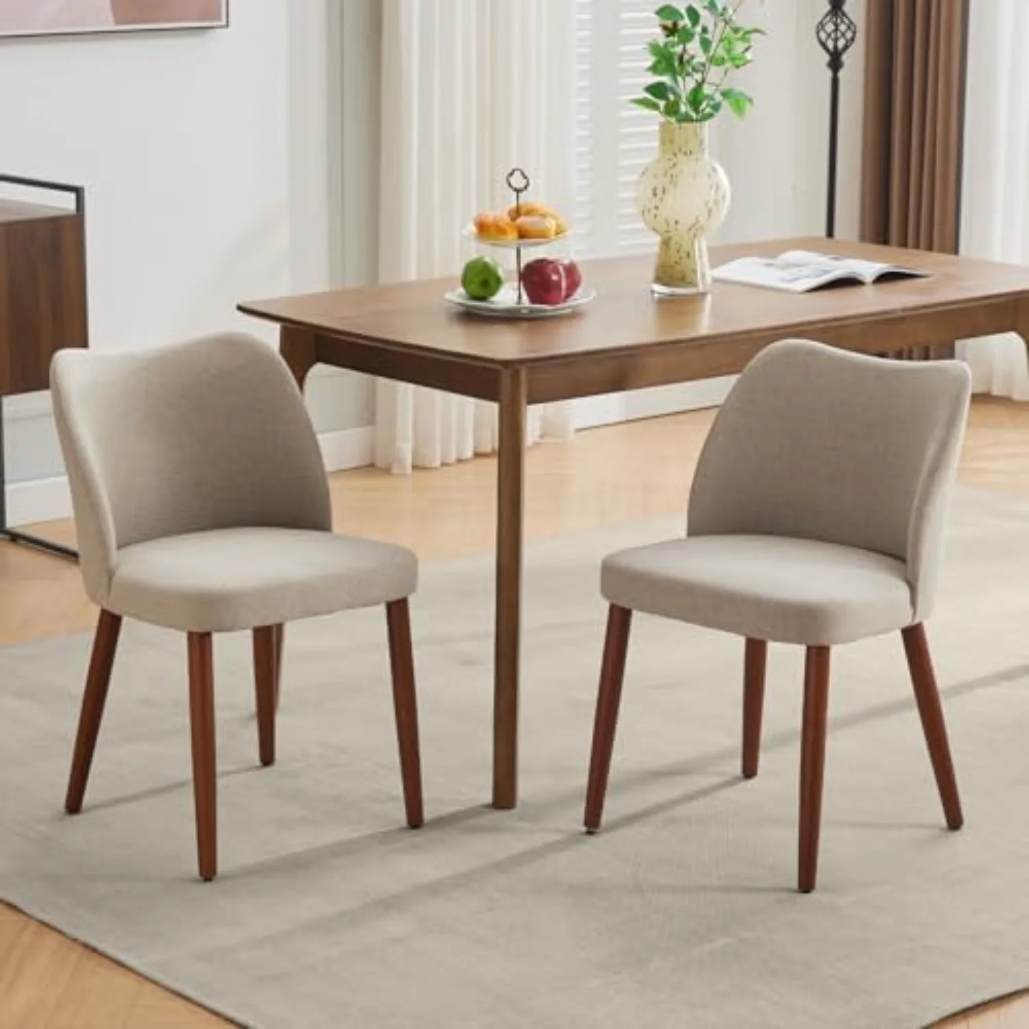 Dining Chair Set of 2, Linen Upholstered Dining Chair with Wood Legs, Wing Backrest, Wooden Kitchen Chair, Kitchen