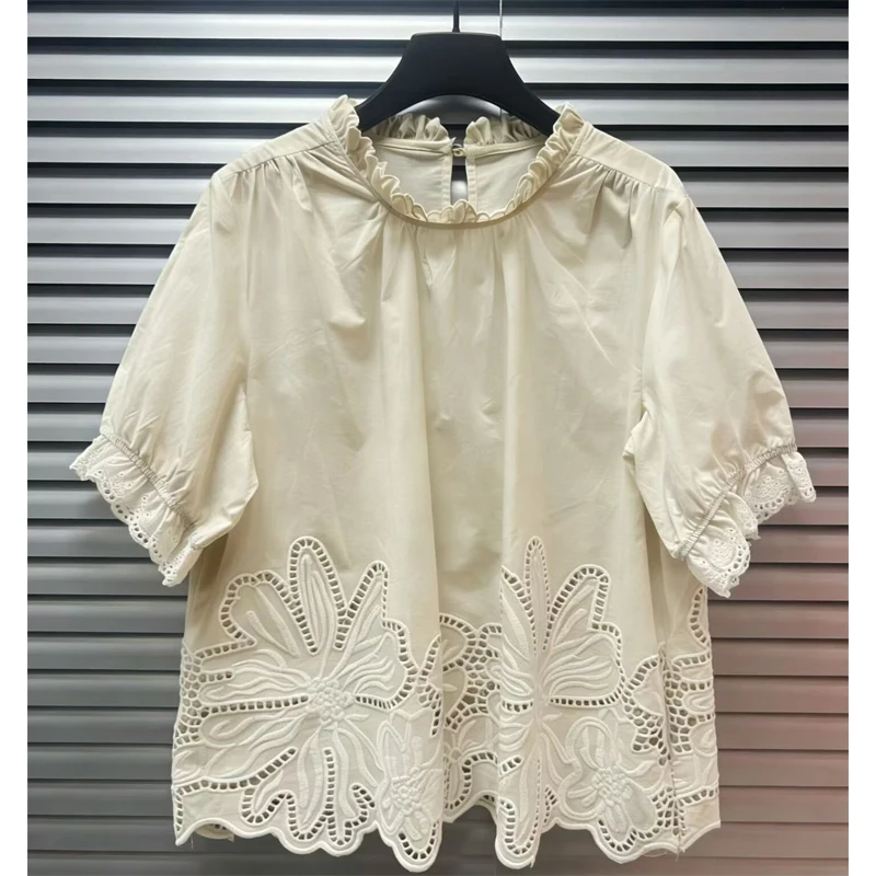 

Casual Loose Women's Shirt Stand Collar Short Sleeve Embroidered Lace Hollow out Floral Design Breathable Comfortable Summer New