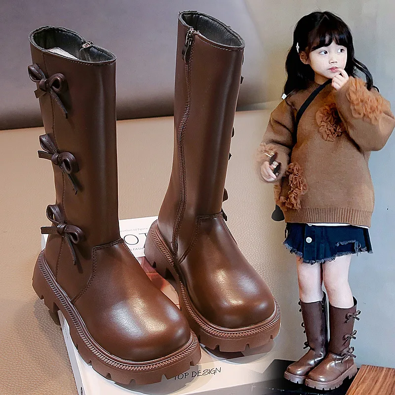 Girls Long Boots Solid Color Versatile Children Princess Boots with Bows 2024 Autumn New Fashion Mid-Calf Boots with Side Zipper