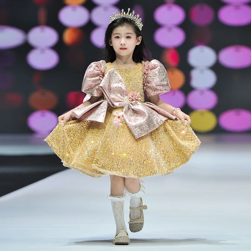 

Официальное Платье для девочек, платье принцессы с золотыми блестками, модель, костюм для выступления на сцене, высококачественные детские костюмы для выступлений на пианино