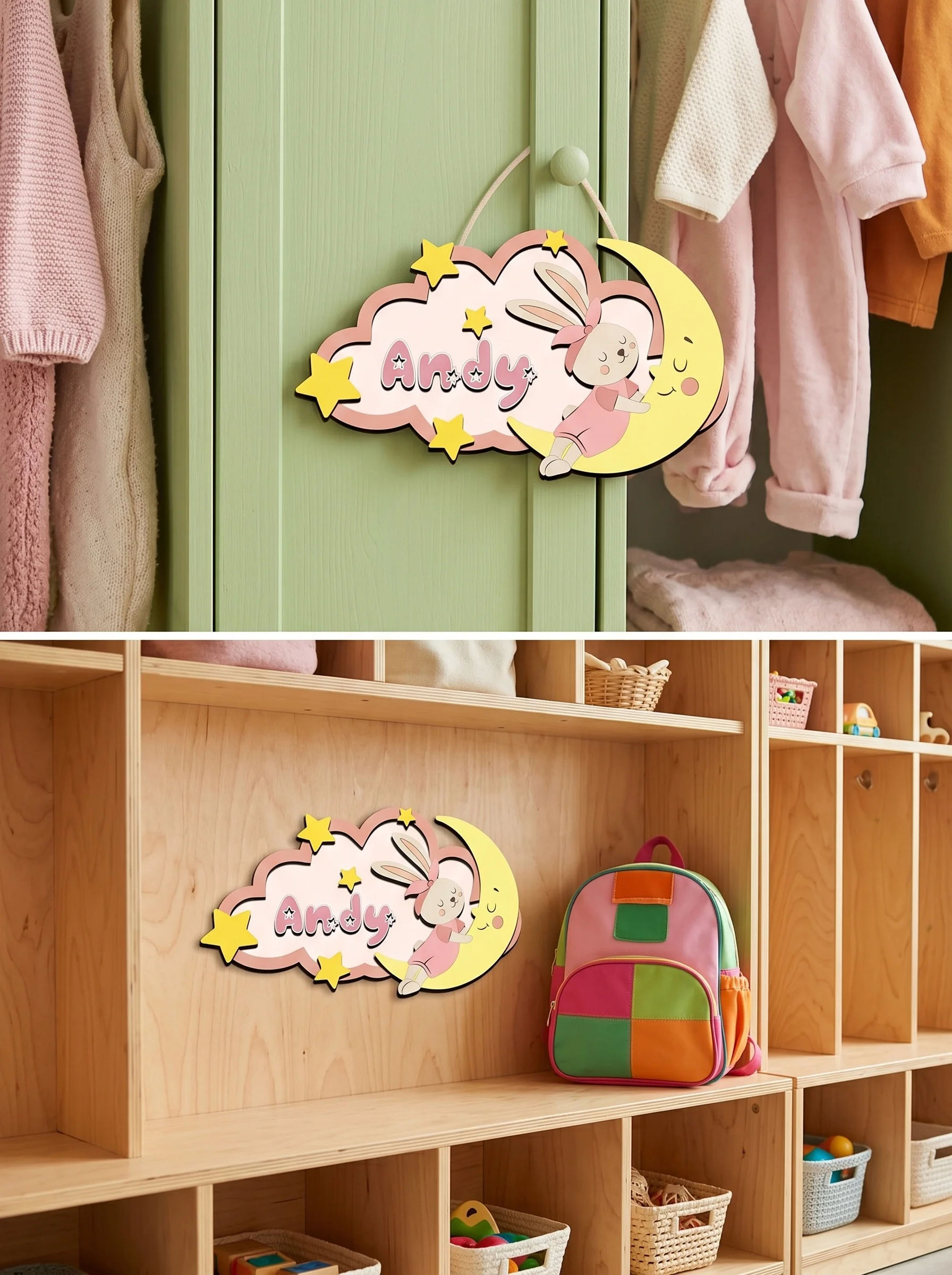Custom Name Cloud Shaped Wooden Name Sign Cartoon Animal 3D Layered Plaque Baby Nursery Wall Decor Newborn Shower Keepsake Gift