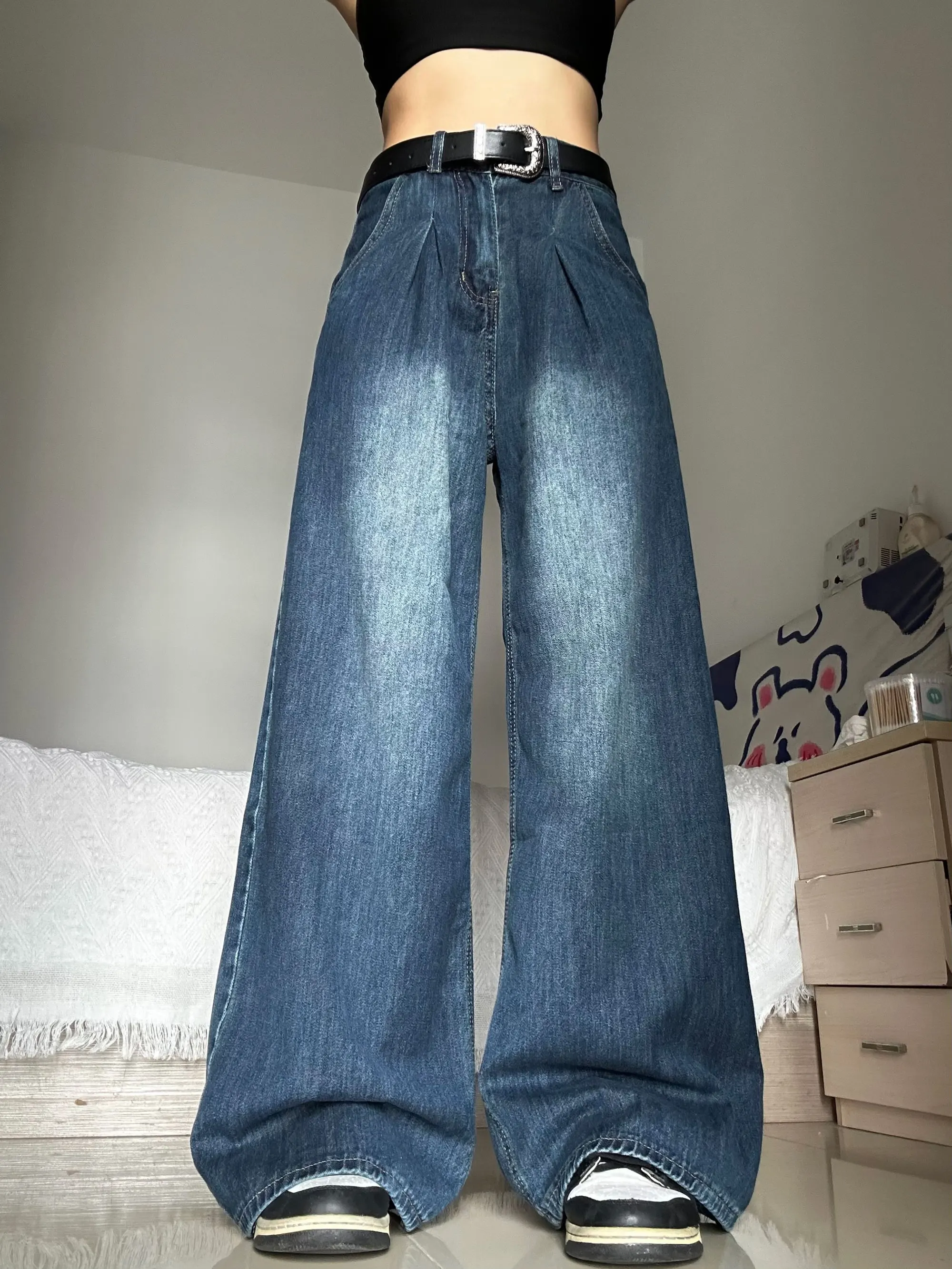 

Американские винтажные джинсы с широкими штанинами, свободные, с высокой талией, длинные брюки, прямые, до пола, для женщин