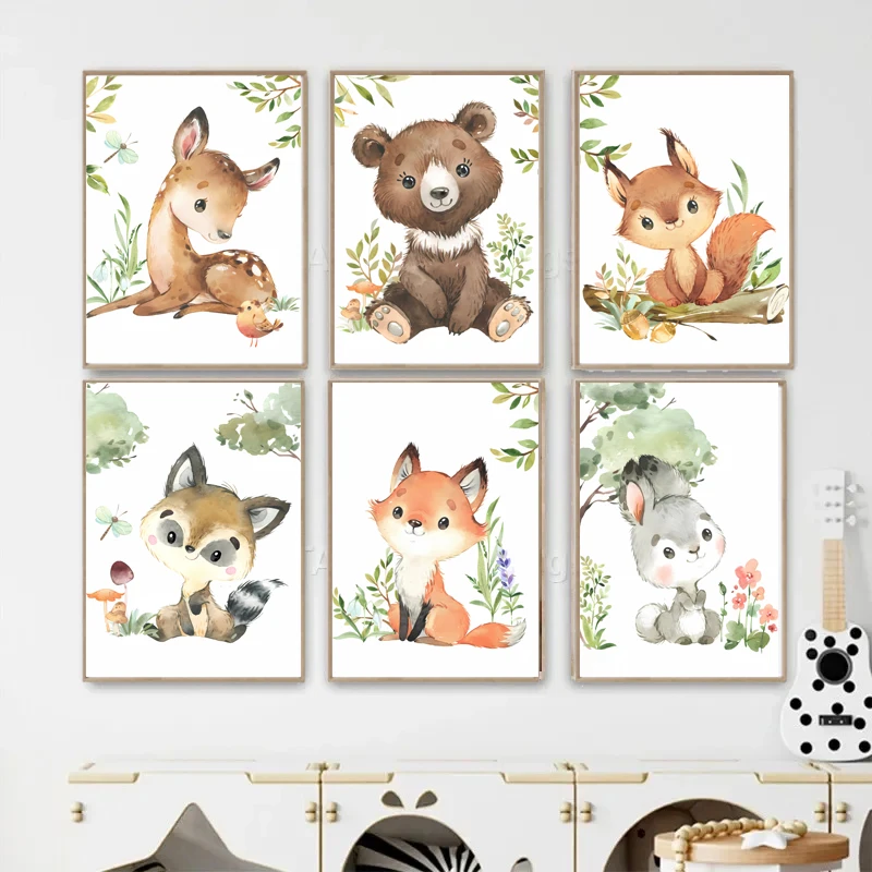 Woodland Nursery Prints Forest Animal Deer Rabbit Bear Fox Custom Wall Art Canvas Painting Poster Wall Pictures Kids Room Decor