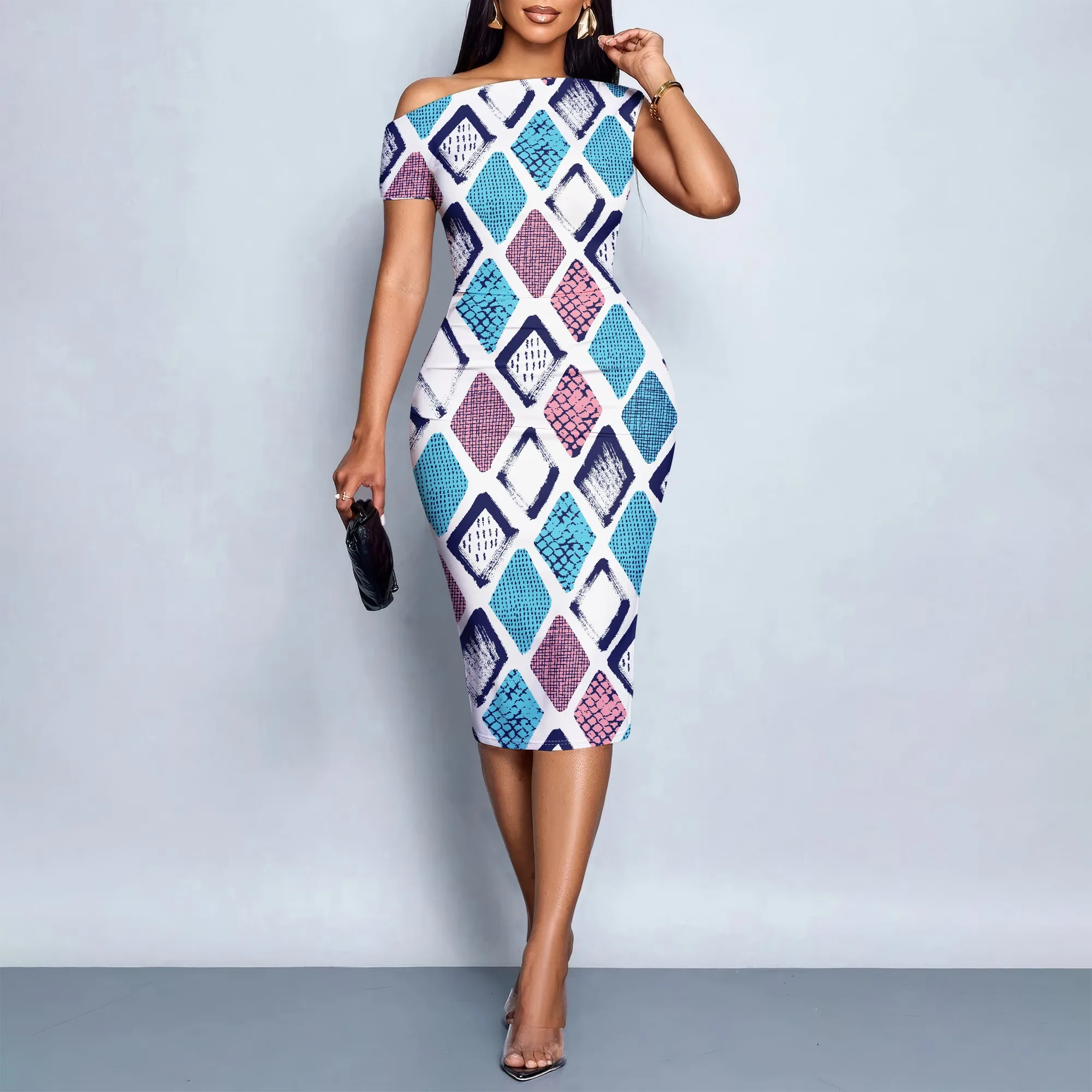 

Geometric Print Off Shoulder Dress, Bodycon Midi Dress, Summer Casual Party Wear, Women Fashion S-2XL