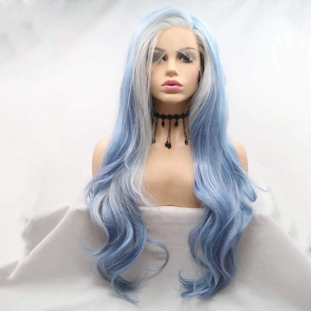 

Синтетический парик Sylvia Wigs, длинный волнистый, сине-блонд, с синим кружевным фронтом, для женщин, термостойкий