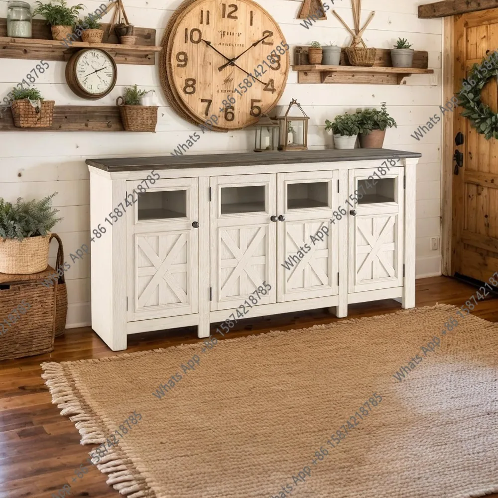 

Тумба под телевизор C Bolanburg Two Tone Farmhouse, подходит для телевизоров с диагональю до 72 дюймов, 3 шкафчика и регулируемые полки для хранения, цвет белый меланж