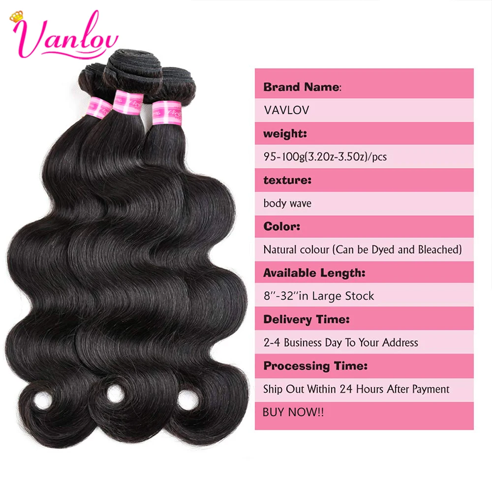 Vanlov Brazilian Body Wave Hair Bundles Human Hair Weave Bundles Natural Black/Jet Black 1/3/4 Piece 8-30” Remy Hair Extensions