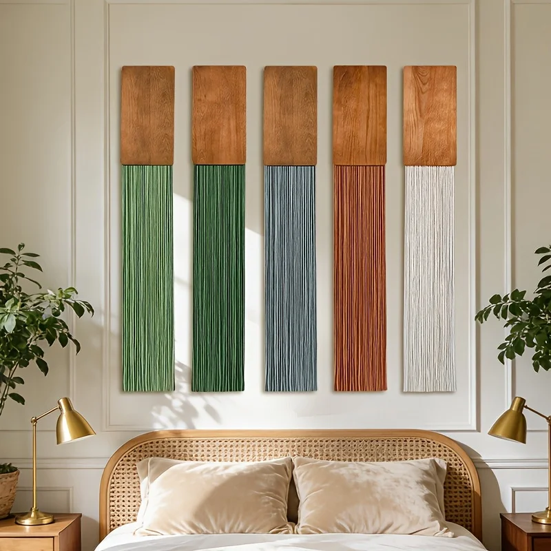 Wandbehang mit Holzplatte und Quasten im Makramee-Stil, Nordischer Vertikaler Gewebter Wandteppich für Wohnzimmer, Schlafzimmer, Heimdekoration, Minimalistische Kunst – Detail 4