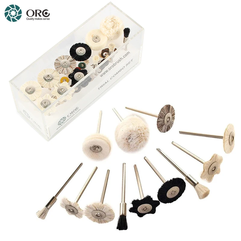 ORO 12Pcs Mounted Brush & Buff Kit 2.35mm Shank Mixed Bristle Felt Cotton Wheel for Jewelry Cleaning Surface Prep Polishing