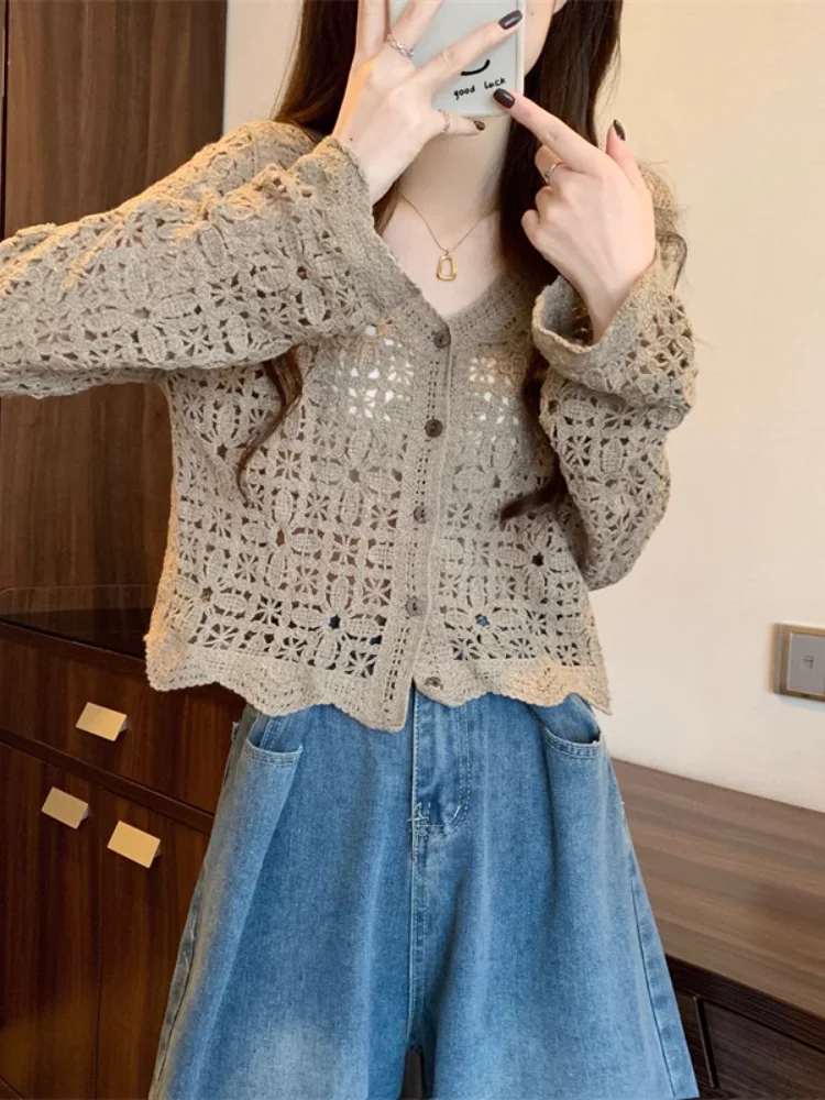 Cardigan fin brodé à crochet pour femmes, ajouré, coréen, v-ne, Long, coupe ample, manteau en Fiber de Polyester