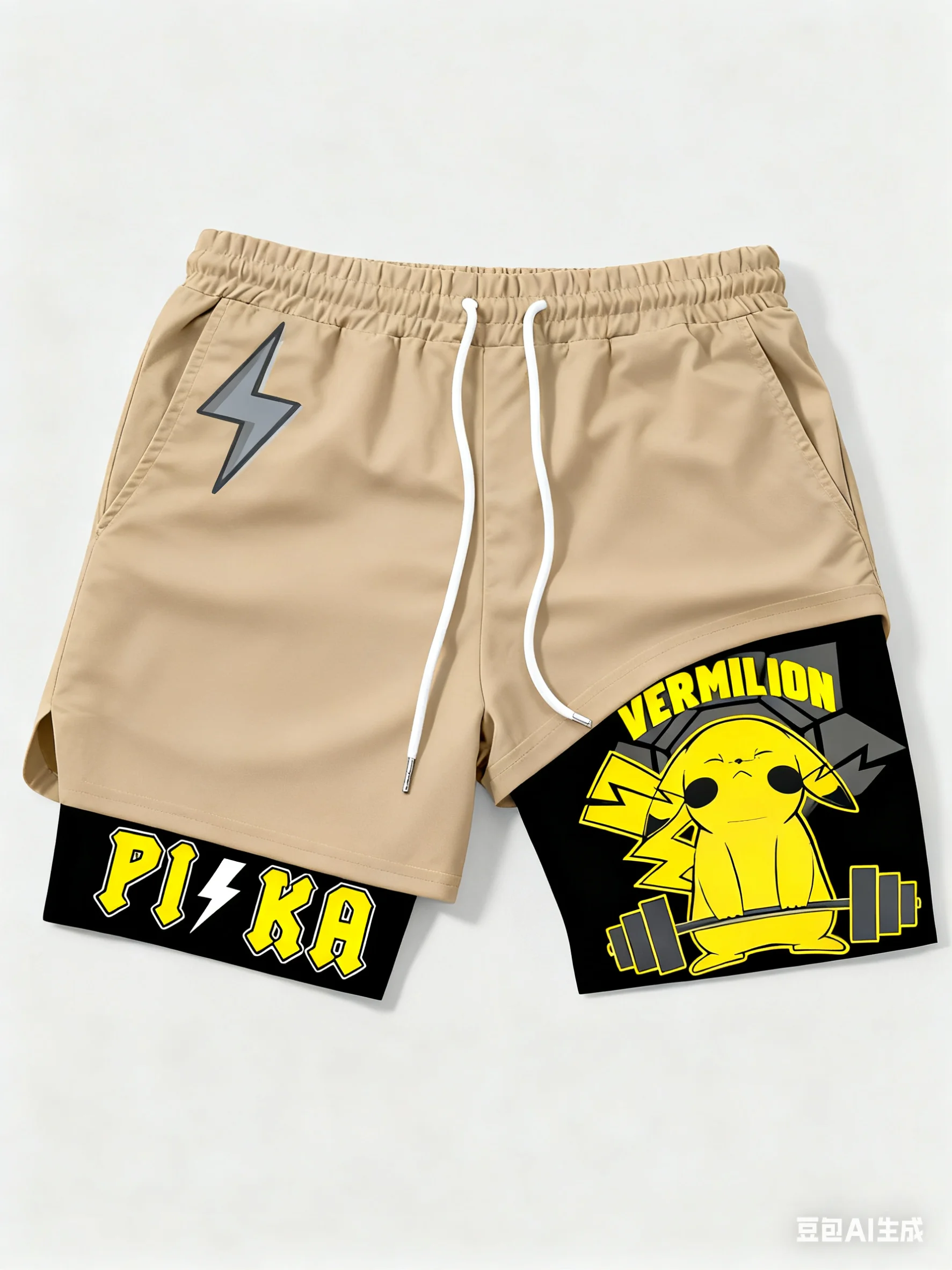 Celana Pendek Olahraga dan Tren Celana Renang Ganda Baoneng Meng Pikachu untuk Pria dan Wanita, Bernapas, Longgar, Gaya Anime Kombinasi