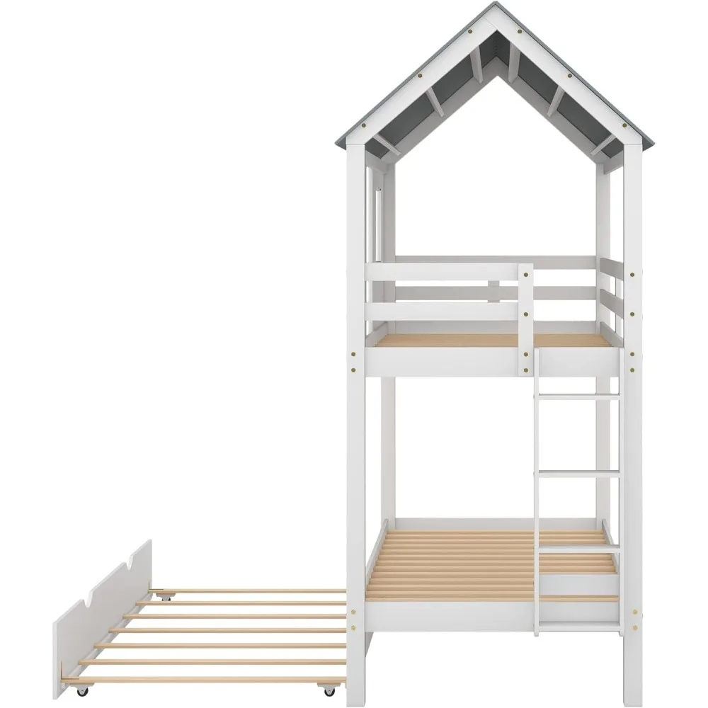 سرير منزلي بطابقين مع دولاب، سرير خشبي بطابقين مع سقف وقضيب حماية للمراهقين والأولاد والبنات والأسرة، لا حاجة إلى صندوق زنبركي #6