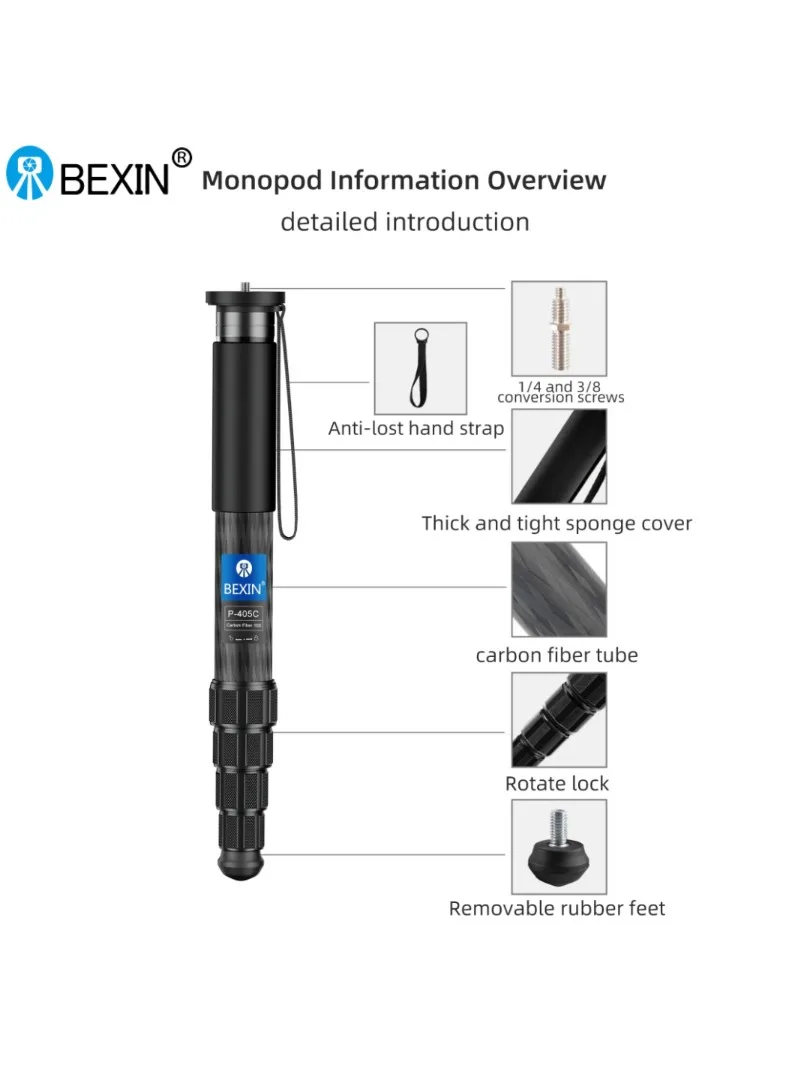 BEXIN P335C/P336C/P365C/P366C/P405C/P406C Monopod z włókna węglowego do podróży, fotografowania, selfie, wysuwany, przenośny uchwyt na aparat — zdjęcie produktu 7